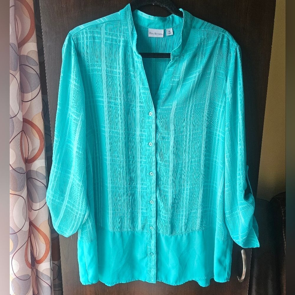 Teal Kim Rogers Sheer Button-Up Blouse Size XL